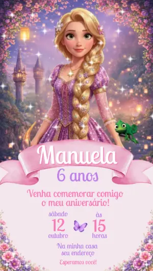 Convite de Aniversário Rapunzel com Música para Editar