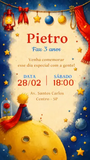 Convite de Aniversário Pequeno Príncipe Aquarela Editável