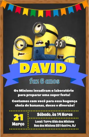 Convite de Aniversário Minions Estilo Lousa para Editar
