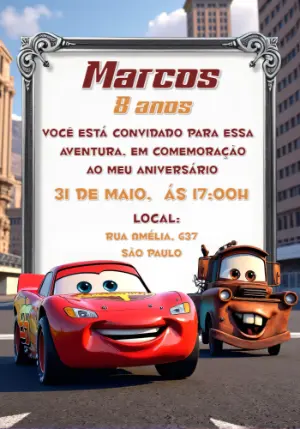Convite de Aniversário Carros Relâmpago McQueen para Editar