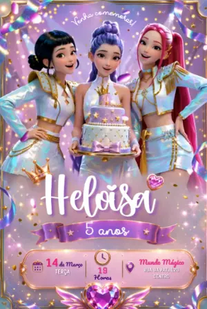 Convite Animado Aniversário Guerreiras do K-pop Roxo para Editar
