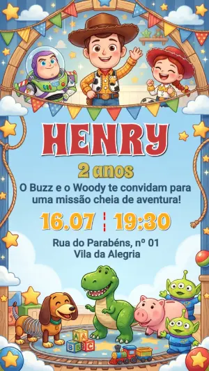 Convite de Aniversário Toy Story Divertido para Editar