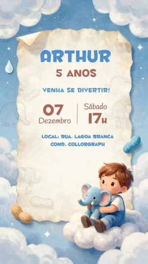Convite de Aniversário Infantil Elefantinho nas Nuvens Editável