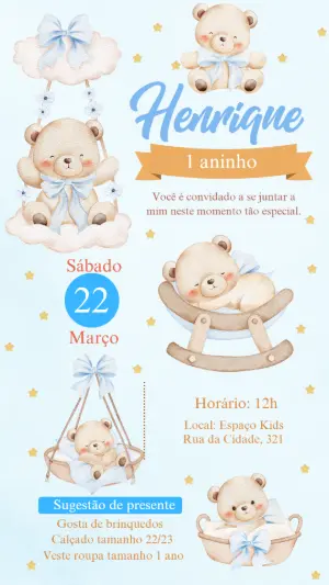 Convite de Aniversário Ursinho Aquarela Azul para Editar