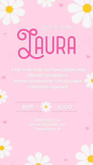 Convite de Aniversário Infantil Margaridas Rosa Editável
