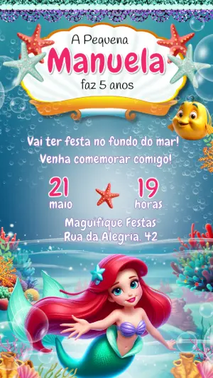 Convite de Aniversário A Pequena Sereia Ariel Editável