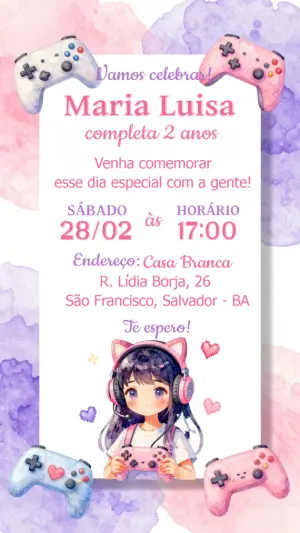 Convite de Aniversário Gamer Menina Rosa e Roxo Editável