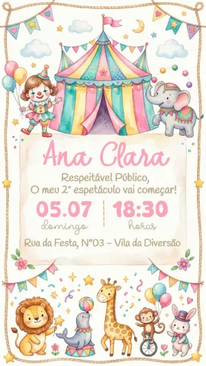 Convite de Aniversário Circo Rosa Aquarela para Editar