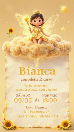 Convite de Aniversário Fada do Sol e Girassol Editável