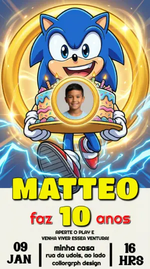 Convite de Aniversário Sonic com Foto para Editar Online