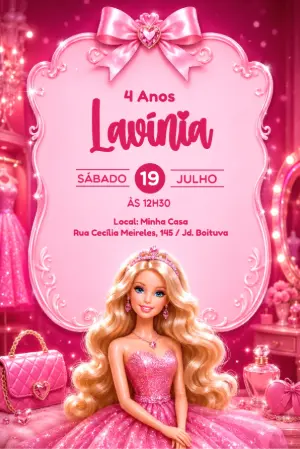 Convite de Aniversário Barbie Glamour Rosa Editável