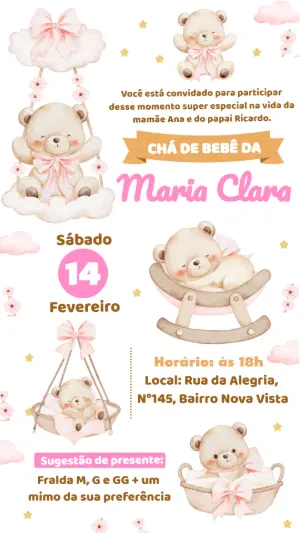 Convite Digital Chá de Bebê Ursinha Rosa e Nuvens Editável