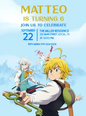 Seven Deadly Sins Anime Birthday Invitation Editable Template