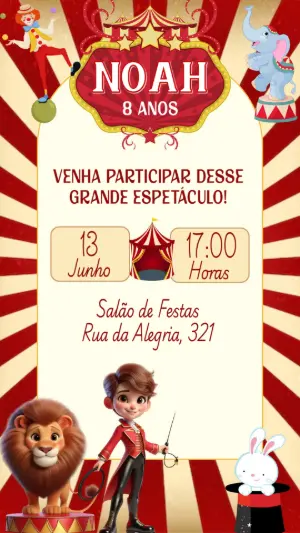 Convite de Aniversário Circo com Personagens para Editar Online