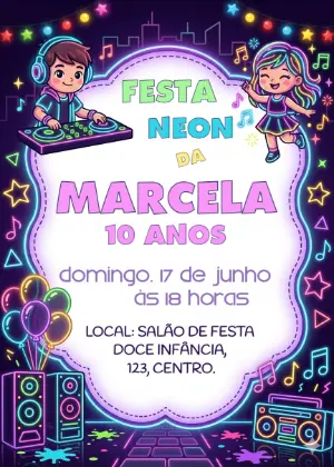 Convite de Aniversário Festa Neon Editável e Colorido