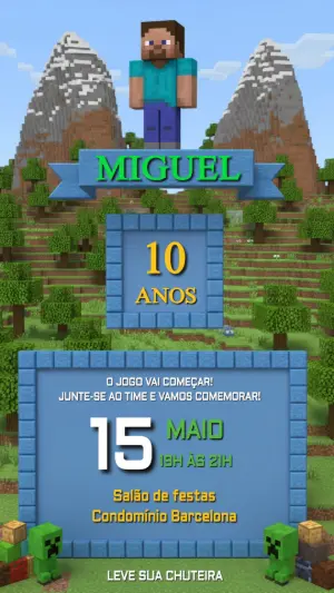 Convite de Aniversário Minecraft Editável para Enviar