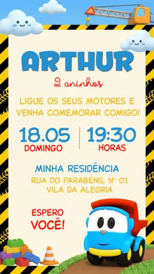 Convite de Aniversário Infantil Caminhão Construtor Editável