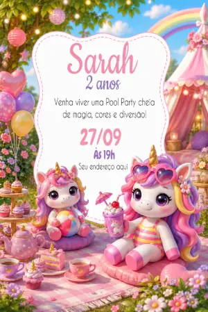 Convite de Aniversário Unicórnio Pool Party Fofo para Editar