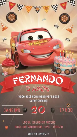 Convite Digital Festa Carros Corrida para Editar e Enviar
