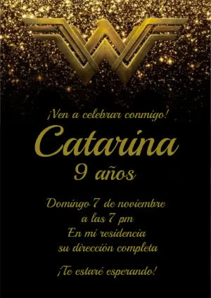 Invitación de Cumpleaños Mujer Maravilla Dorada para Editar