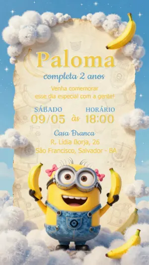 Convite de Aniversário Minions Menina Fofo para Editar