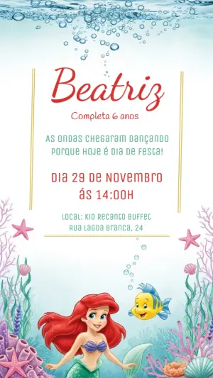 Convite Digital Pequena Sereia Ariel para Editar e Enviar