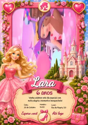 Convite Animado de Aniversário Barbie Princesa Rosa Editável