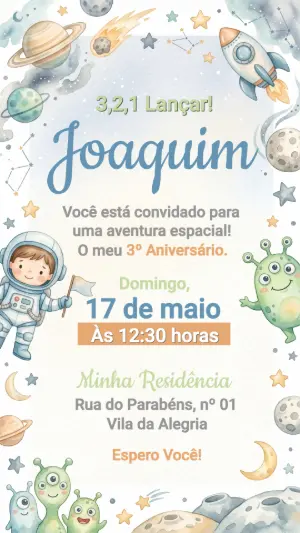 Convite de Aniversário Astronauta Aquarela para Editar