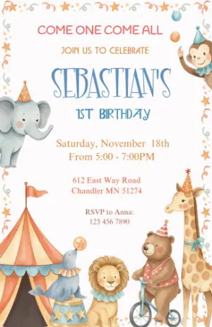 Circus Animals Birthday Invitation | Editable Watercolor Template