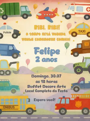 Convite Aniversário Meios de Transporte Editável Online