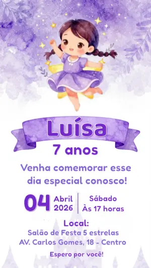 Convite de Aniversário Menina Estrelas Lilás para Editar