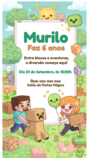 Convite Aniversário Minecraft com Personagens Fofos para Editar