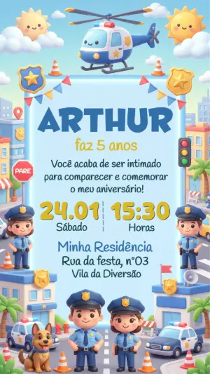 Convite de Aniversário Policial Infantil para Editar