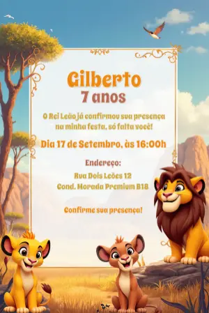 Convite Aniversário Rei Leão Editável com Personagens