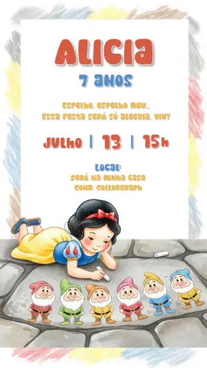 Convite de Aniversário Branca de Neve e os Anões para Editar