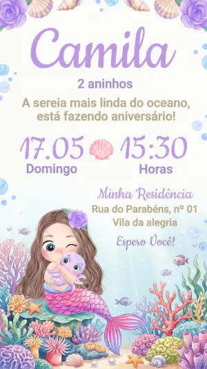 Convite de Aniversário Sereia Fundo do Mar Editável