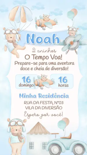 Convite de Aniversário Ursinho Aviador em Aquarela para Editar