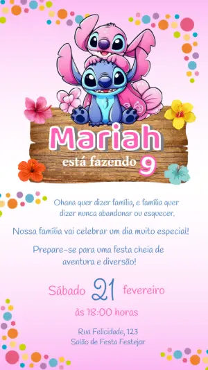 Convite de Aniversário Stitch e Angel Rosa para Editar Online