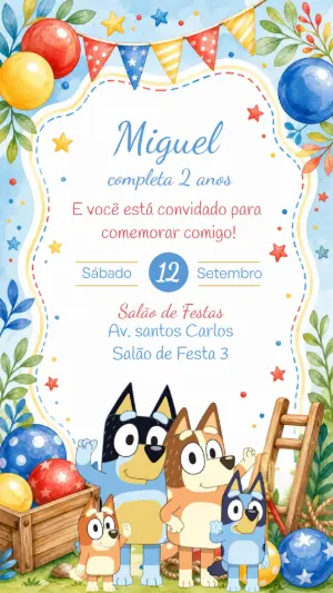 Convite de Aniversário Bluey e Família: Modelo Editável