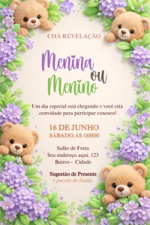 Convite Chá Revelação Ursinhos Lilás 3D Modelo Editável