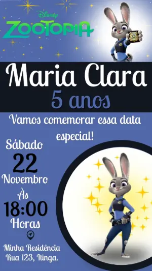 Convite de Aniversário Zootopia Disney Digital para Editar