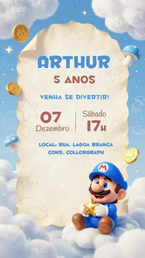 Convite Digital Aniversário Super Mario Azul 3D Editável