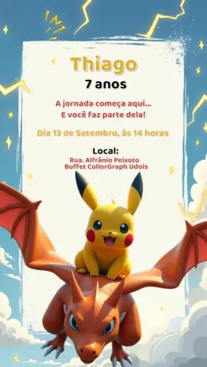 Convite Aniversário Pokémon com Pikachu e Charizard para Editar