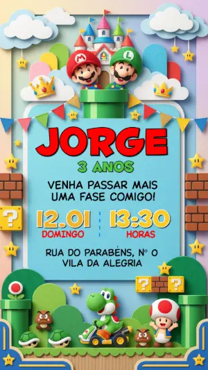Convite de Aniversário Super Mario Modelo Editável