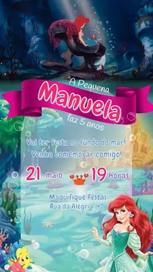 Convite Animado de Aniversário A Pequena Sereia para Editar