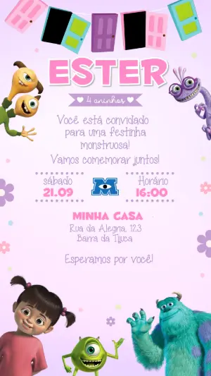 Convite de Aniversário Monstros SA Menina Lilás para Editar