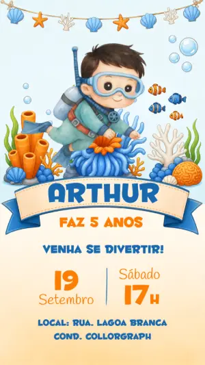 Convite de Aniversário Mergulhador Fundo do Mar Editável
