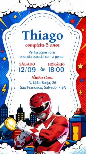 Convite de Aniversário Power Rangers Editável e Digital