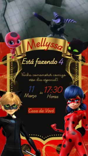 Convite Animado Aniversário Miraculous para Editar Online