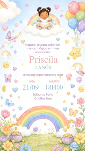 Convite Animado Aniversário Arco-Íris Menina para Editar